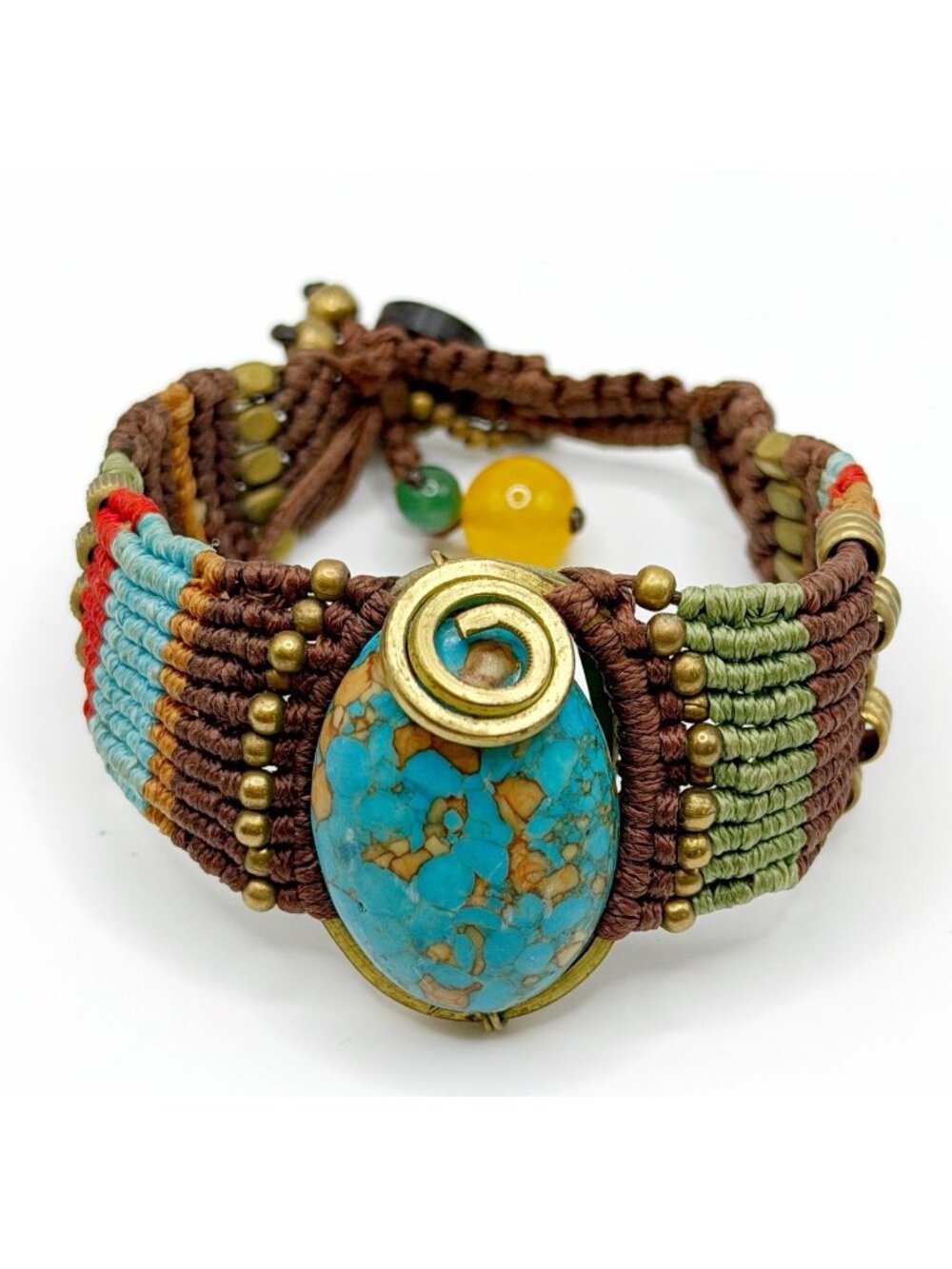 Vintage Macrame Braided Bracelet‎ Hand Made Brass Beads Turquoise Stone FLAW